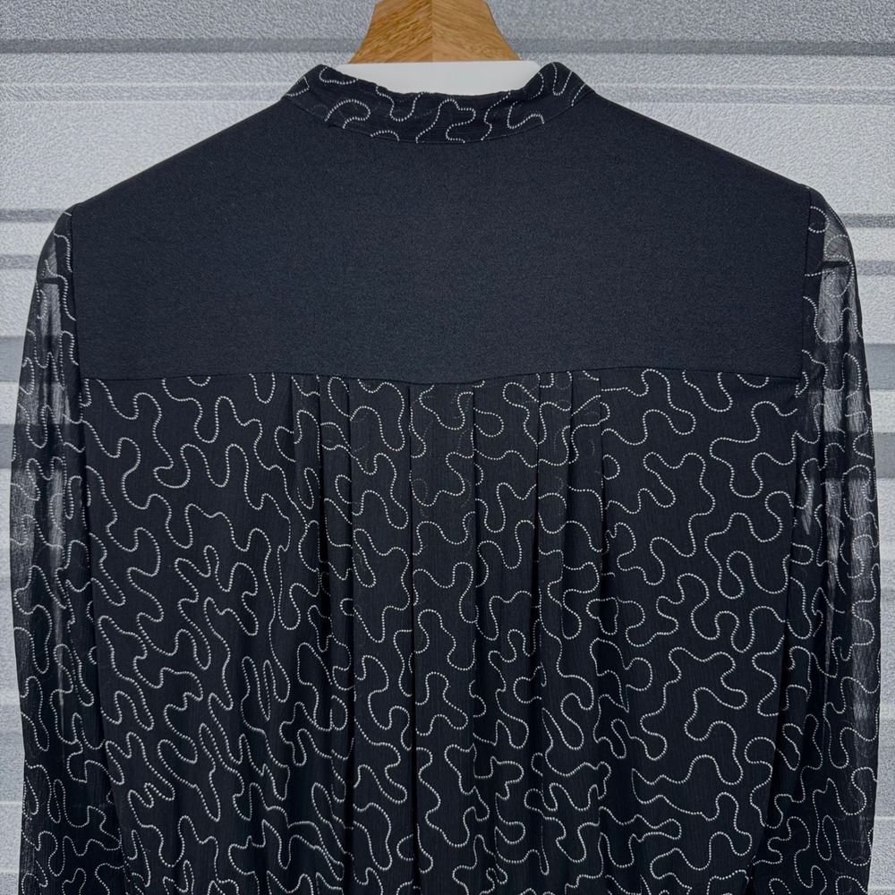 Club Monaco Black Abstract Print Chiffon Long Sleeve Drawstring Dress Size 6 - Picture 10 of 12